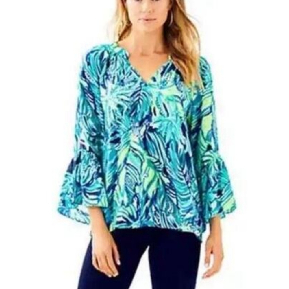 Lilly Pulitzer Matilda Silk Bell-sleeve Top, Size XXS